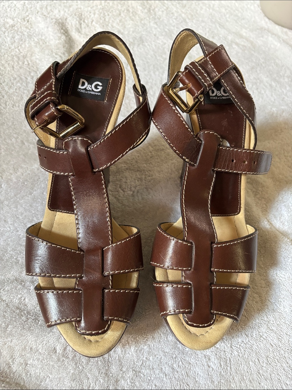 D&G Brown Leather Strappy Heeled Sandals with Gold Buckles